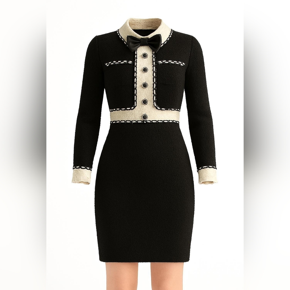 Tweed Dress Black And White Chanel Style  with Lace Details